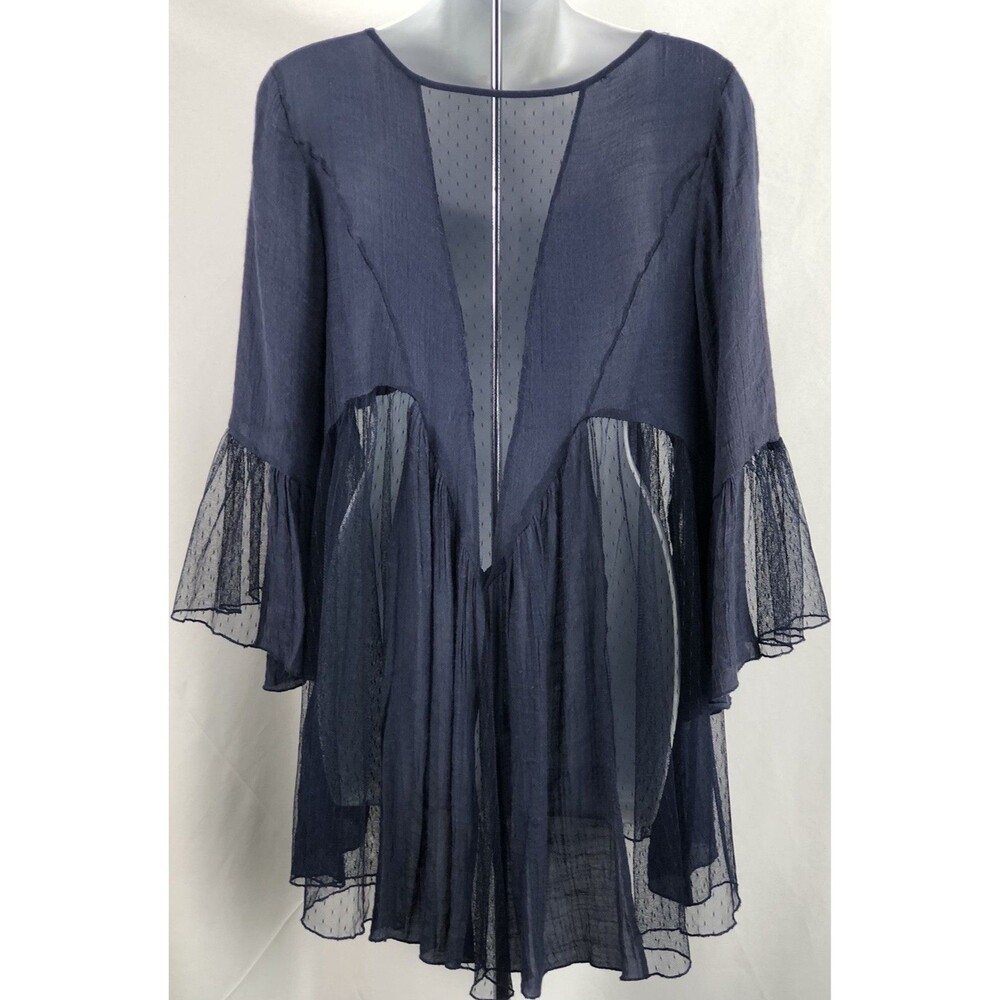 Vintage Flowy Mesh Lace Top M/L Blue 3/4Flutter Sleeve whimsigoth Boho Hippie - Picture 3 of 3
